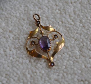 Antique 9ct Gold Pendant With Amethyst And Pearl Decoration
