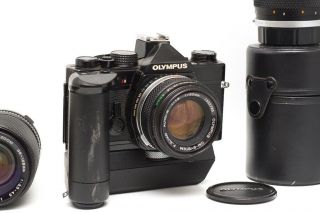 Vintage Olympus OM - 2N with 50mm F/1.  8 35 - 105mm & 135mm Lenses and Auto Winder 2