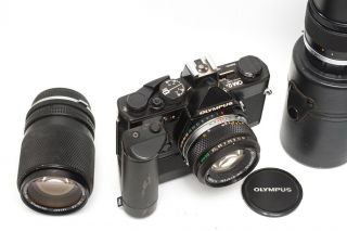Vintage Olympus OM - 2N with 50mm F/1.  8 35 - 105mm & 135mm Lenses and Auto Winder 3