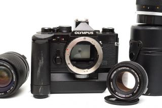 Vintage Olympus OM - 2N with 50mm F/1.  8 35 - 105mm & 135mm Lenses and Auto Winder 6