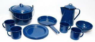 Blue Speckled Enamel 4 Person,  Camp Cook Set,  Coffee Pot,  Pan,  Cups,  Vintage