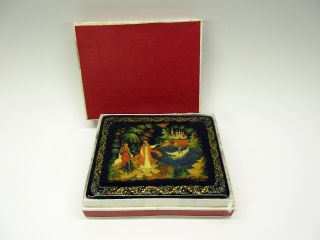 Vintage Russian Hand Painted Lacquer Box In Red Box Swan On Lake Palekh