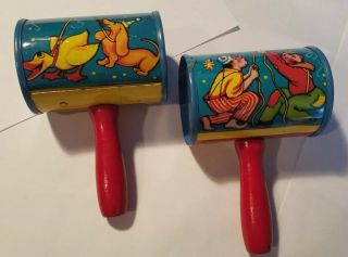 Vintage Halloween Noise Makers Duck,  Dog,  Clown.  Red Wood Handles