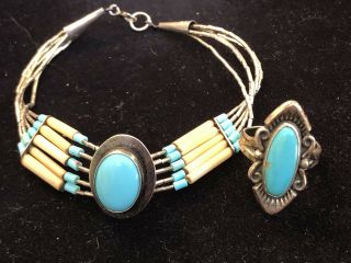 Vintage Sterling Silver Native American Turquoise Ring Navette Old Pawn Bracelet