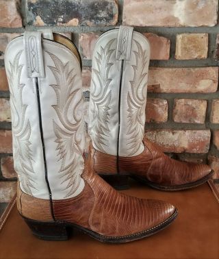 Dan Post Mens Lizard Western Cowboy Exotic Boots Brown White Vintage Us Made 8 D