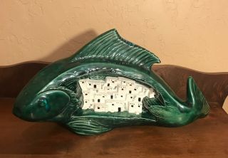 Vintage Ceramic Green Swimming Fish W/ Abode Village Scene Tv Lamp