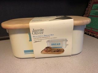 Jamie Oliver Vintage Inspired Tin Bread Box/bin W/ Cutting Board Lid Euc