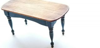 Vintage Signed Cindy Malon Blue Aged Based Kitchen Table With Plank Top