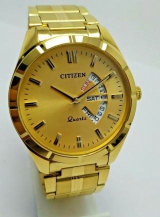 Rare Vintage Citizen Quartz Golden Dial Wrist Watch For Men 