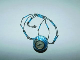 Watch Ball & Chain Bucherer Enamel Necklace Blue,  Art Deco Rare