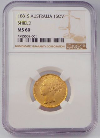 Rare 1881 - S Qv Shield Gold Full Sovereign Coin Ngc - State 60