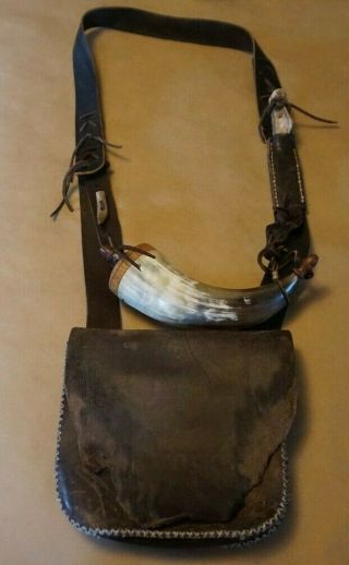 Handcrafted Black Powder Horn - 8 " - Attached To Bag And With Antler Knife