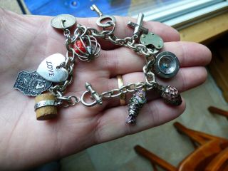 Vtg Sterling Silver Wisconsin Charms Bracelet,  Key Norway Dice Lock Compass,