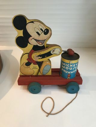 VINTAGE 1940 MICKEY MOUSE DRUMMER PULL TOY 2