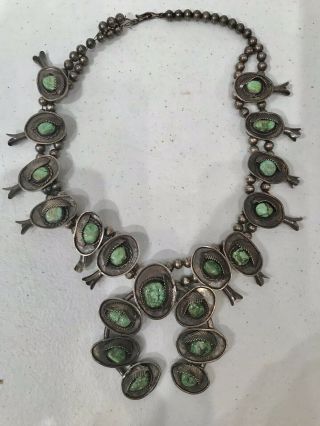 Vintage Navajo Squash Blossom Necklace Sterling Silver And Turquoise 258g