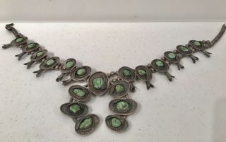 Vintage Navajo Squash Blossom Necklace Sterling Silver And Turquoise 258g 2