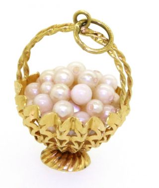 Vintage Heavy 18k Yellow Gold Pearl Basket Pendant