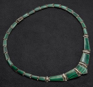 Vintage Sterling Silver Malachite Statement Necklace 42.  7 G 18 Inches