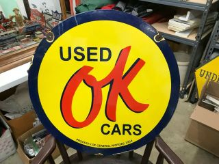 Vintage " Ok Cars " Double Sided Porcelain Dealer Sign (dated 1954) 24 " Inch