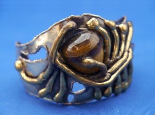 Lrg Mexican Brutalist Cuff Bracelet Silver Brass W Tigers Eye Abstract Modernist