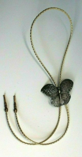 Bolo Tie Sterling Silver Butterfly With Filigree Patterned Wings Vintage Mexico