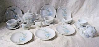 Vintage Little Girls Ceramic Toy Tea Set Blue Lilly Flower Decor 18pc Lovely