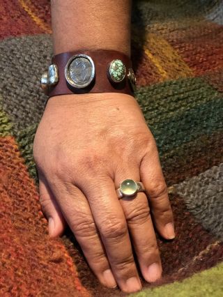 VINTAGE JES MAHARRY LEATHER CUFF WITH STERLING,  AMMONITE & TURQUOISE MEDALLIONS. 5