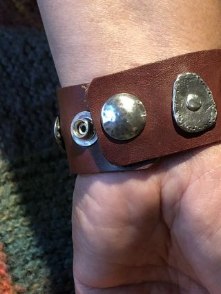 VINTAGE JES MAHARRY LEATHER CUFF WITH STERLING,  AMMONITE & TURQUOISE MEDALLIONS. 8