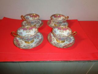 Vintage Rare Shelley Set Of 4 Cup & Saucers Bone China Sheraton Pink Floral