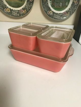 Complete Set Of 4 Vintage Pyrex Glass Pink Refrigerator Dishes Wlids