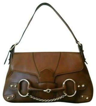 Vintage Gucci Horsebit Chain Classic Brown Leather Shoulder Hand Bag Authentic