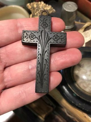 Antique Vintage Victorian Circa 1870’s Black Jet Forget Me Not Cross Mourning