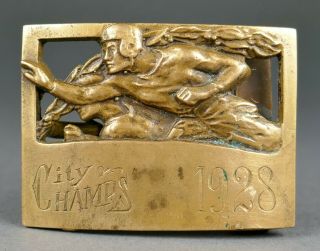 Fine Antique Art Deco Cast Bronze Football Trophy Josten Buckle City Champs 1928