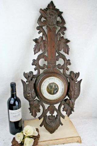 French 1950 Vintage Black Forest Wood Carved Hunting Trophy Dog Barometer