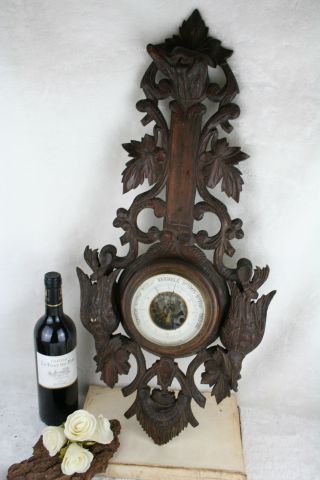 French 1950 Vintage black forest wood carved hunting trophy dog barometer 4