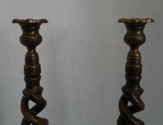 Antique English oak open barley twisted candlesticks w/solid brass tops - oak base 3