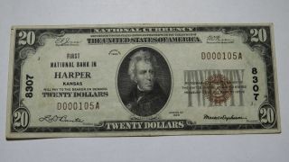 $20 1929 Harper Kansas Ks National Currency Bank Note Bill Ch.  8307 Xf,  Rare