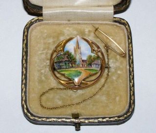 Fine Victorian 9ct Gold Hand Painted Enamel Brooch Village Scene In Fitted Case
