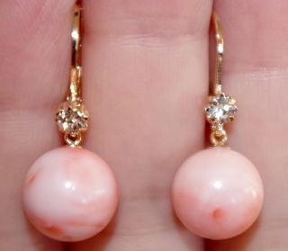 Angel Skin Coral Drop 11mm Ball Antique Gorgeous 14k Gold Fill Earrings W Cz Aa