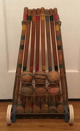 Vintage Early Wooden Croquet Set Wheeled Stand Striped Balls