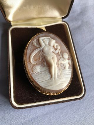 Large Victorian 9ct Gold Hand Carved Cased Cameo Brooch C1848 W Safety Chain