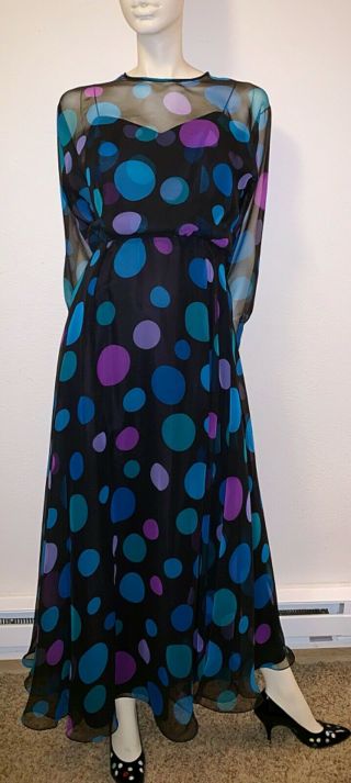 Vintage 1960’s Maxi Dress By Miss Elliette Colorful Mod Chiffon Polka Dots M/l