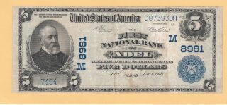 1907 $5.  00 Usa The First National Bank Of Adel,  Iowa In Vf Cond.  And " Rare "