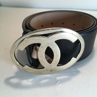 Authentic Chanel Vintage Belt Black Leather Gold Coco Buckle Size 95 38