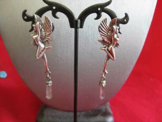 Vtg Art Nouveau Sterling & Crystal Nude Winged Fairy Dangle/drop Earrings