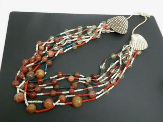Vintage Nagaland Carnelian Crystal White Red Seed Bead Clamshell Necklace 24 "