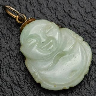 Vintage 14k Yellow Gold Carved Green Jade Buddha Pendant 3.  6 Grams