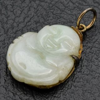 Vintage 14K Yellow Gold Carved Green Jade Buddha Pendant 3.  6 Grams 4