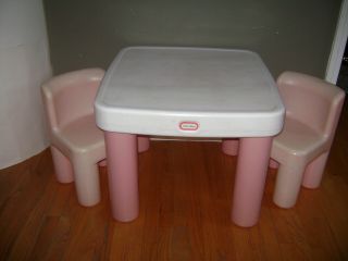 Vintage Little Tikes Table With Drawers 2 Chunky Chairs Set Pink White Very Rare