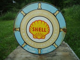 Old Vintage 1933 Shell Marine Lubrication Porcelain Enamel Gas Pump Sign
